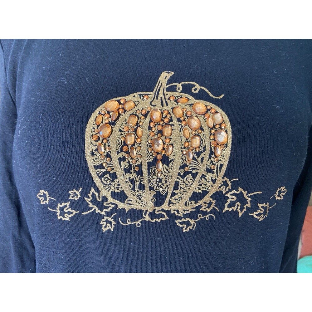 Karen Scott Halloween Rhinestone Pumpkin Top Size L Black Fall Teacher Novelty - Picture 2 of 11